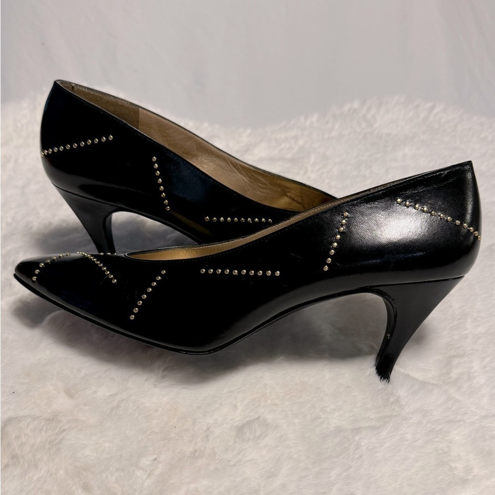 Vintage 80’s Stuart Weitzman Black Leather Gold Studded Heels Pumps Avante Garde - Picture 1 of 16